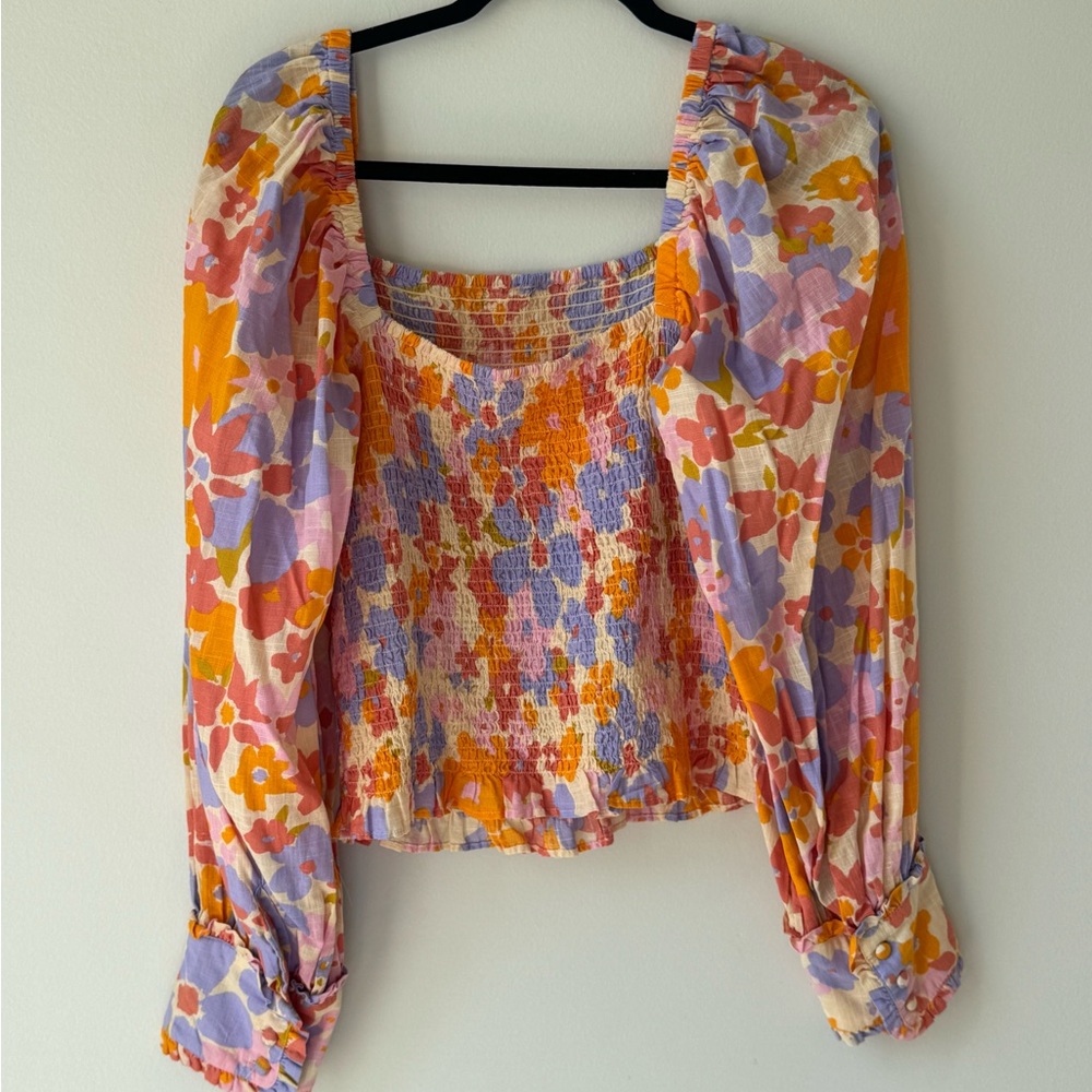 Free People Size Large Floral Smocked Top Cotton Balloon Sleeve Orange Blue Pink - Picture 11 of 16